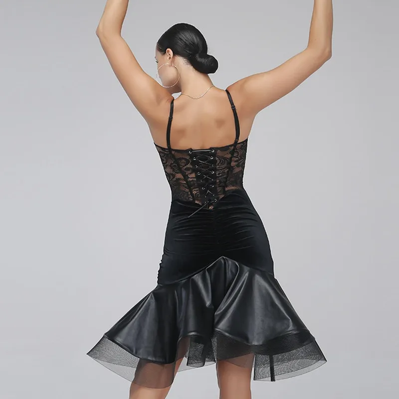 Черное бархатный латинский платье для танцев с бахромой женское