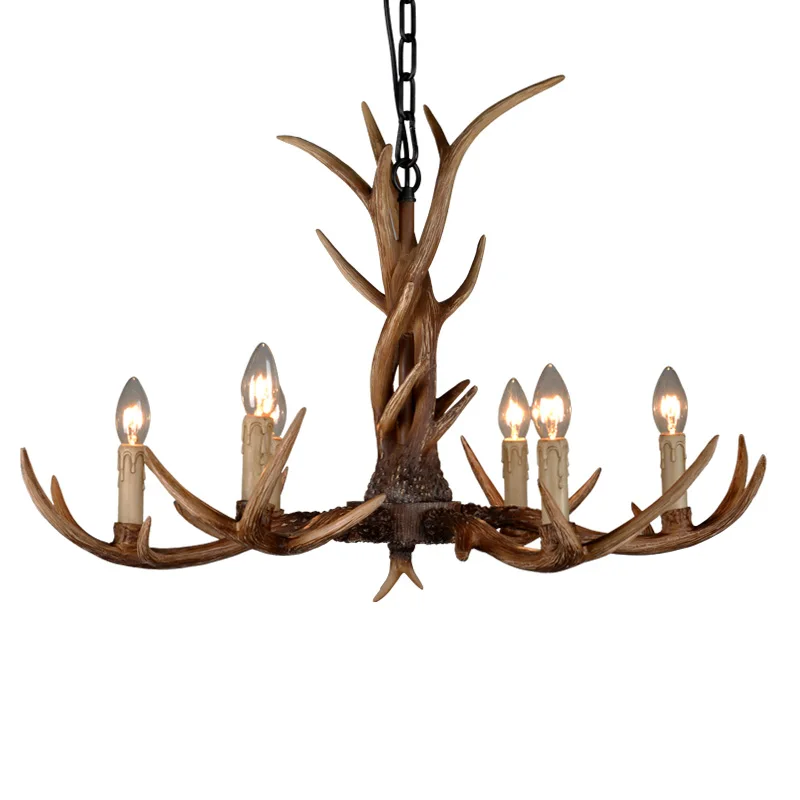 

Europe Country 6 Head Deer Antler Chandelier Lighting American Retro Resin Horn Lustres Kitchen Living room candle chandelier