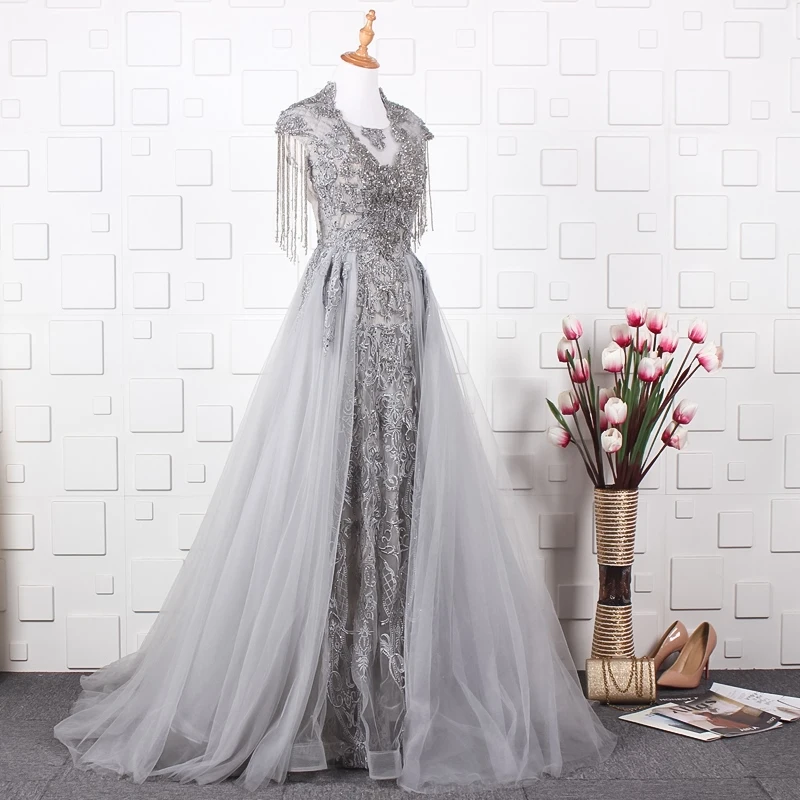 JANCEMBER вечернее длинное платье иллюзия совок шеи кисточкой кепки рукав замок