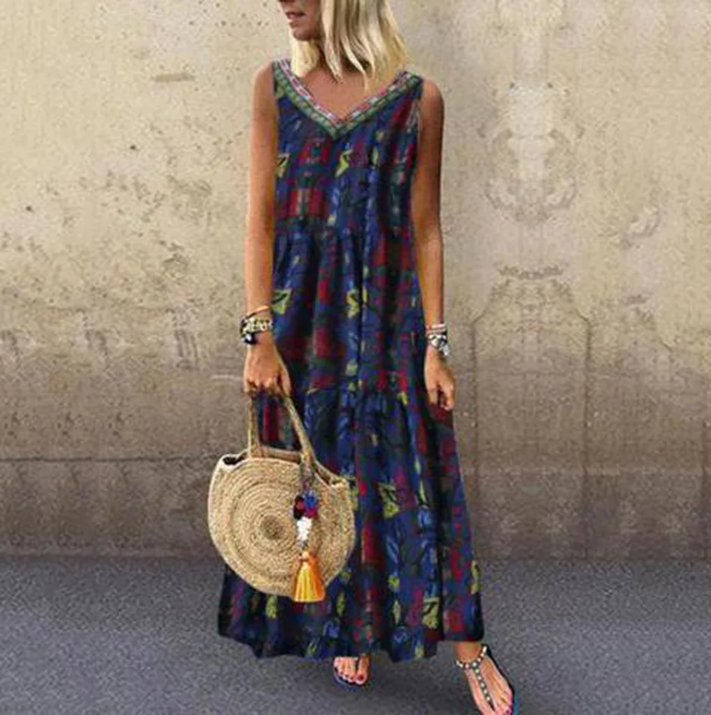 Женское длинное винтажное платье макси без рукавов хлопковое льняное свободного