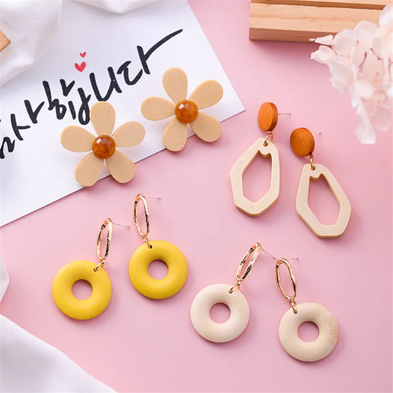 DANZE Cute Wooden Circle Flower Drop Earrings Women Vintage Statement Dangle Korean Christmas Gift Wholesale | Украшения и