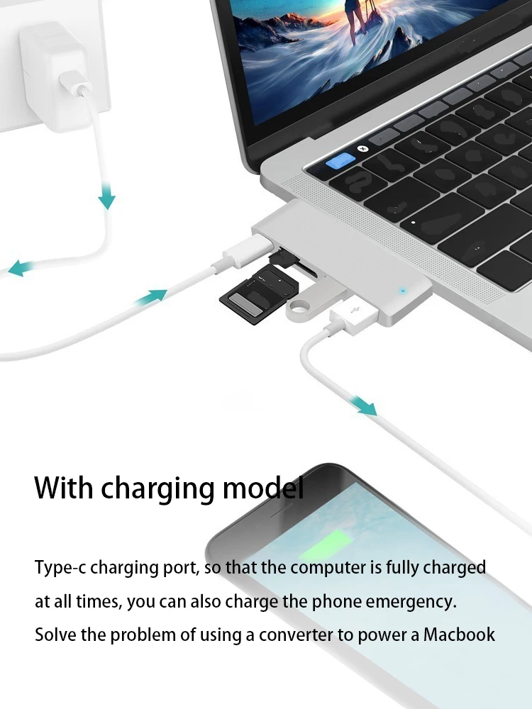 USB type c к USB3.0 3 в 1 usb концентратор PD Быстрая зарядка 3A 60 Вт USB3.1 TF SD карта для Macbook Lenovo