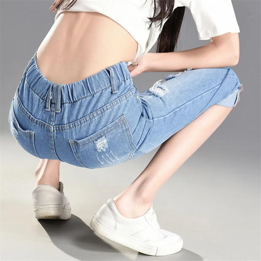 2018 новые летние платья для девочек свободные Высокая талия тонкие джинсы