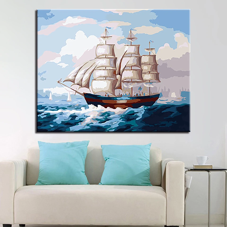 Парусная лодка живопись по номерам DIY Рисунок морская волна масло холст домашний декор настенные художественные наборы раскраска корабль морской пейзаж картины в рамке
