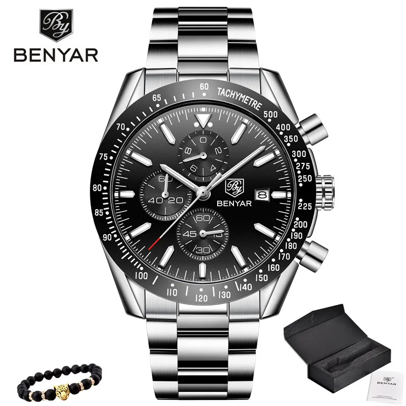 5140-Steel black BENYAR повседневные модные мужские часы силиконовые водонепроницаемые спортивные Кварцевые Хронограф военные часы мужские часы Relogio Masculino - Цвет: 5140-Steel black