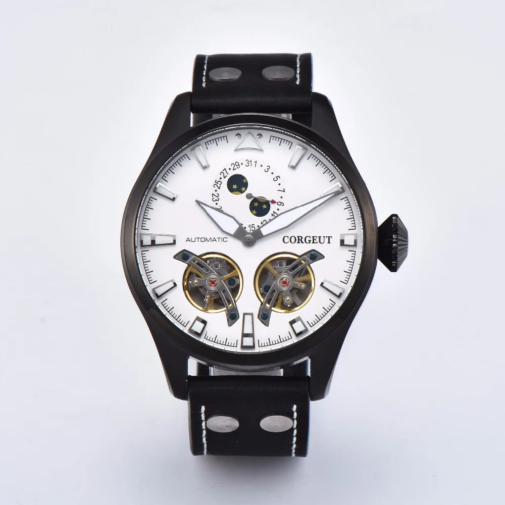 Corgeut 47 мм Чехол Мужские часы Скелет автоматические часы PVD запас хода Tourbillon Мужские механические часы мужские часы подарок