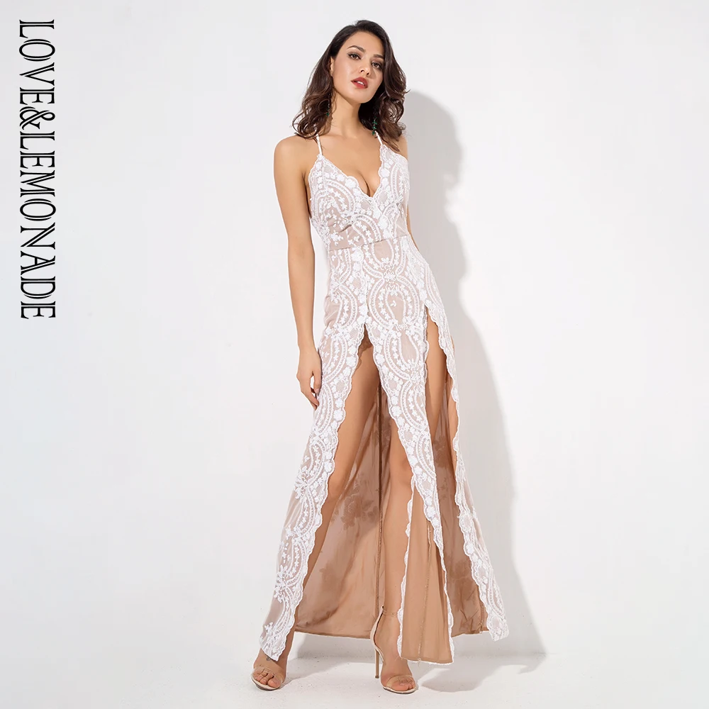 Женское платье с блестками LOVE & LEMONADE белое длинное глубоким V образным вырезом и