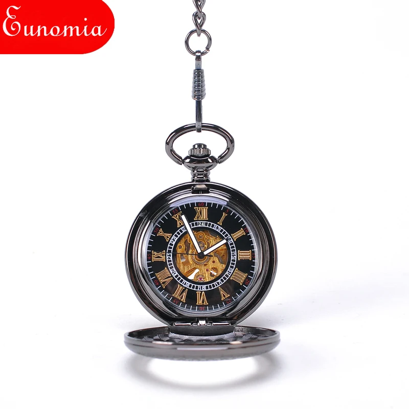 Механические карманные часы с автоподзаводом круглые черные винтажные наручные