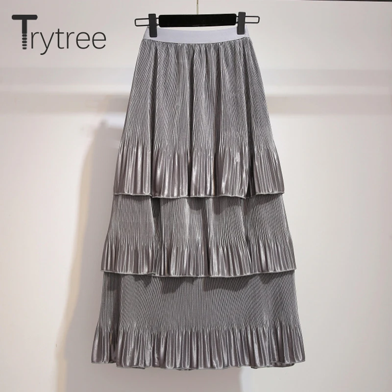 Trytree Весна Лето Твердые оборки юбка женская Повседневная Высокая талия до