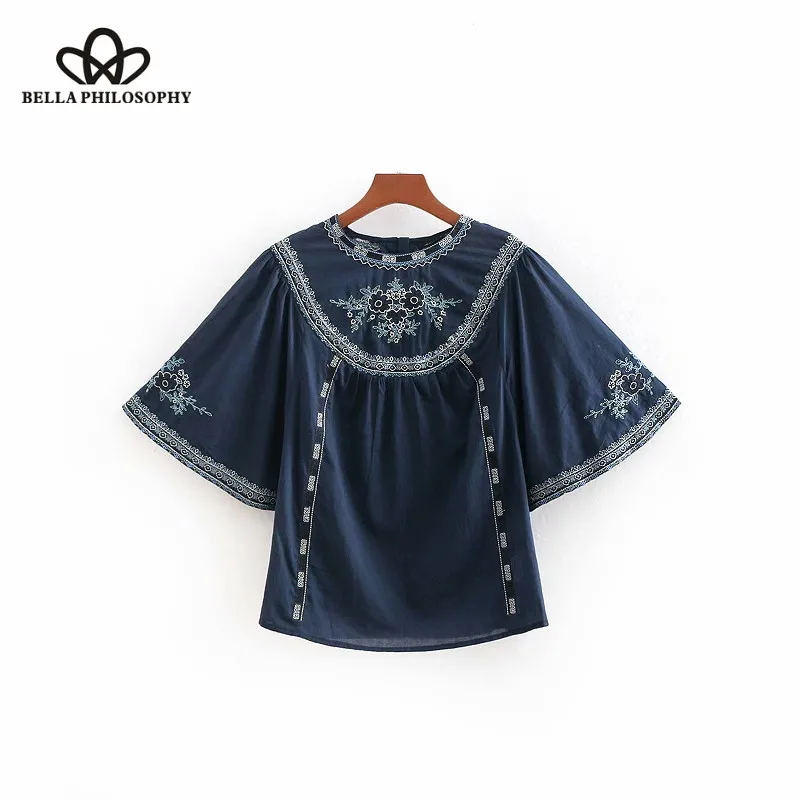 Wonder 2018 autumn vintage o neck embroidery pleat smock blouse shirt women back button casual femininas blusas retro pullover |