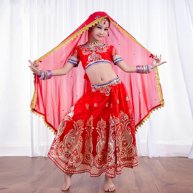 Новый индийский танцевальный комплект для детей/девочек шарф + топ юбка брюки