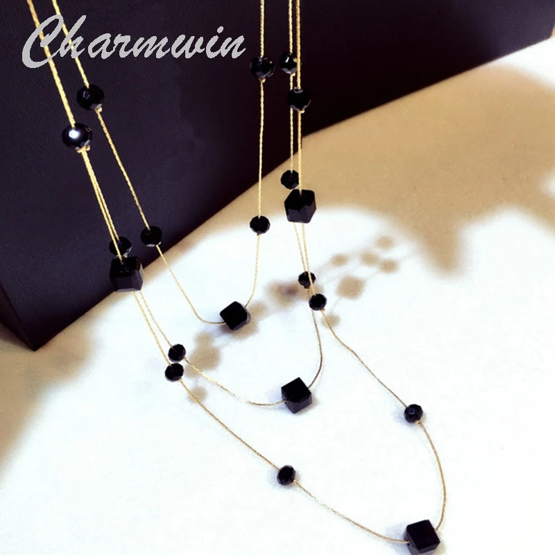 Женское длинное ожерелье Charmwin черная цепочка с кристаллами PN341 | Украшения и
