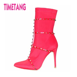 TIMETANG New Fashion Woman Shoes Cool Rivets Pointed Toe Sexy Thin Heel Women Boots Ankle Boots Color Customized Size 34-43