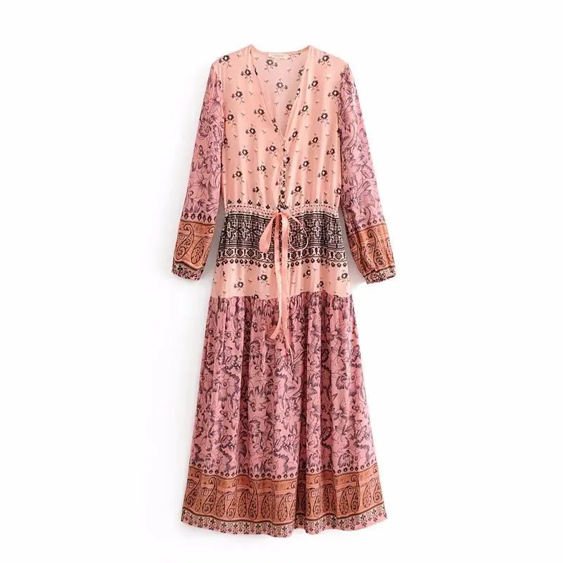 Свободные печати Boho Макси женское платье длинные летние винтажные пляжные платья V образным вырезом Пояса Вечерние Vestido