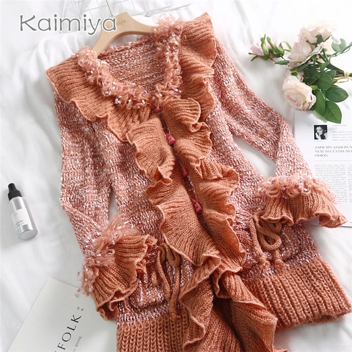 Elegant Knitted Open Sticch White Female Japan Princess Sweet Cute Ruffles Long Sleeve Cardigans Flare Women Sweater |
