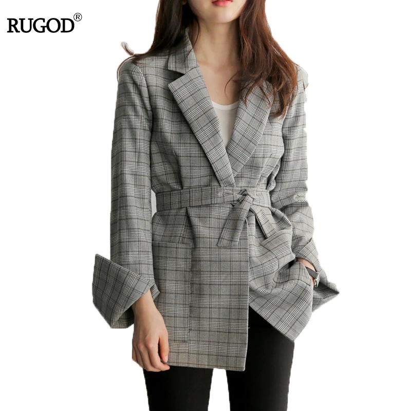 Rugod пиджак женский 2018 Новинка весны серый Plaid Belted Офисные женские туфли Блейзер