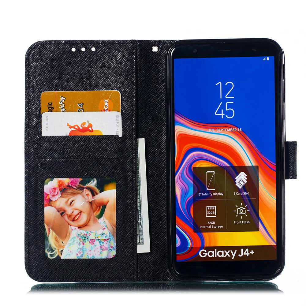 Милый кожаный чехол для Samsung Galaxy J4 Plus + 2018 с откидной крышкой и 3d рисунком J415FN/DS