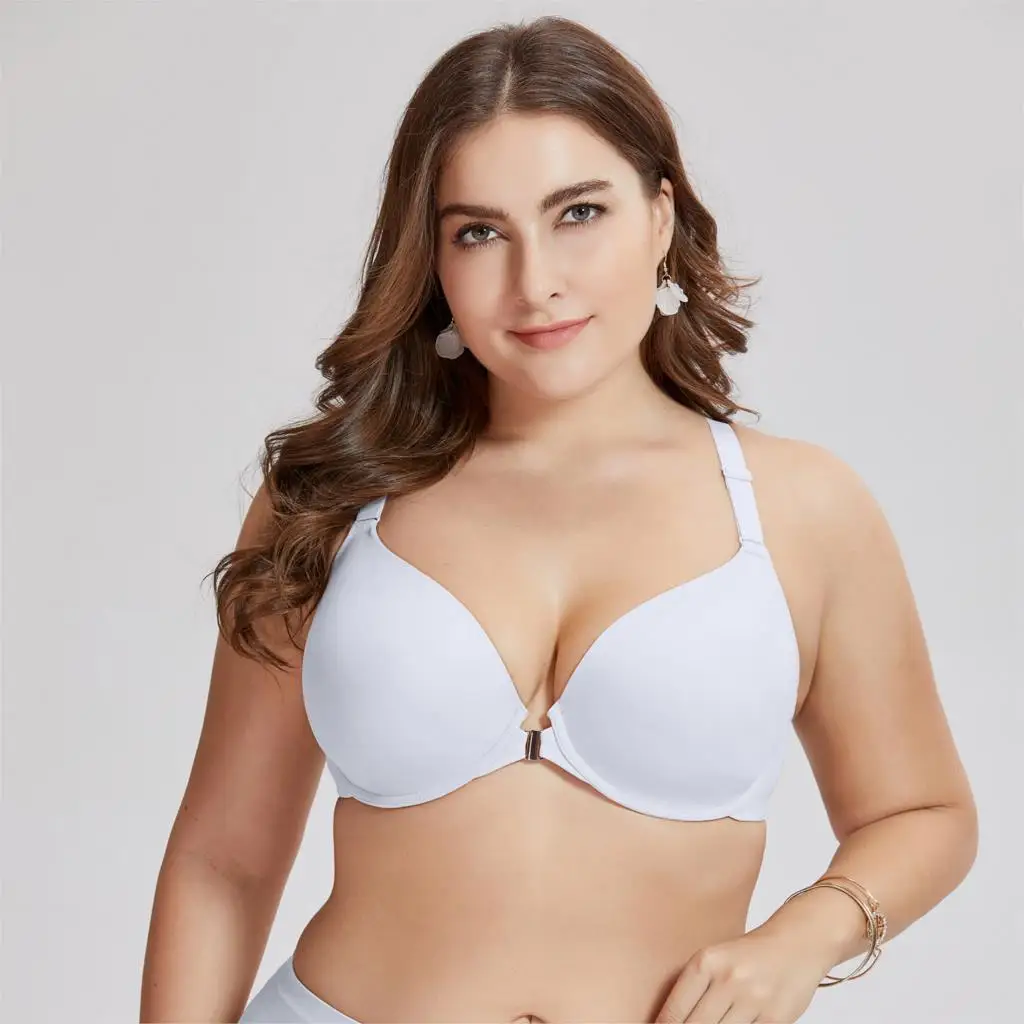 White03 DELIMIRA женский Гладкий пенопласт полный охват на косточках спереди закрытие бюстгальтер Racerback плюс размер - Цвет: White03