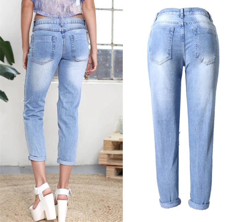 Hot Sale Regular Straight Casual Blue Plus Size Hole Ripped Women's jeans with Min Waist Zipper Pants Buttom Full Length Trouser |