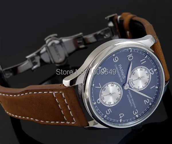 Parnis 43 мм синий циферблат запас мощности Серебристые руки автоматические мужские