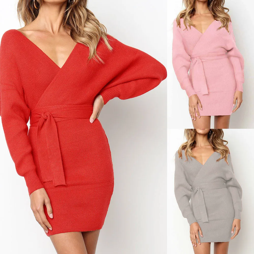 SAGACE 2019 Womens dress Deep VNeck Long Sleeve Solid Dress Ladies Mini Party Casual Slim woman party night Summer fashion | Женская