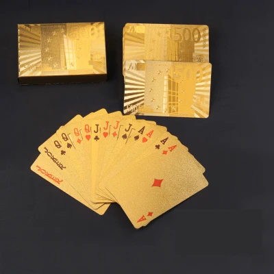Gold EUR 24 Karat Gold Foil Plated Baccarat Texas Hold'em Plastic Playing Cards Waterproof Poker Cards Board Games 2.28*3.46inch qenueson - Цвет: Gold EUR