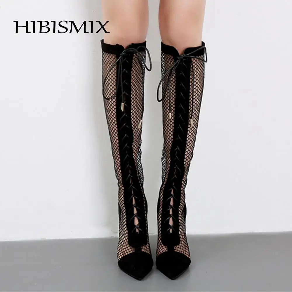 HIBISMIX Summer Black Knee High Women Boots Fashion Sexy Lace Up Pointed Toe Women's Thin Heel Shoes 2297 | Обувь