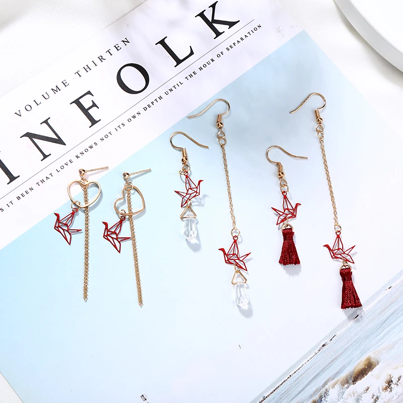 8 Kinds Red Paper Crane Little Tassels Long Chain Shiny Crystal Love Heart Dangle Earrings Golden Drop For Women | Украшения и