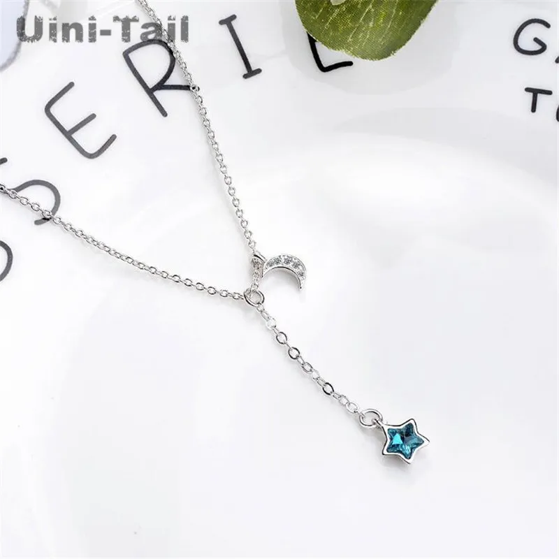 Uini-Tail, хит, новинка, серебро 925 пробы, голубые звезды, луна, микро-инкрустированное ожерелье, простое, милое, маленькое, свежее, ювелирное изделие ED191