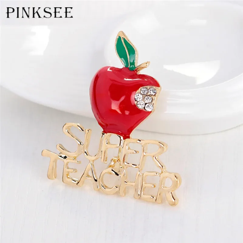 PINKSEE милые Новые Броши для учителя красное яблоко Кристалл Золотой отворот