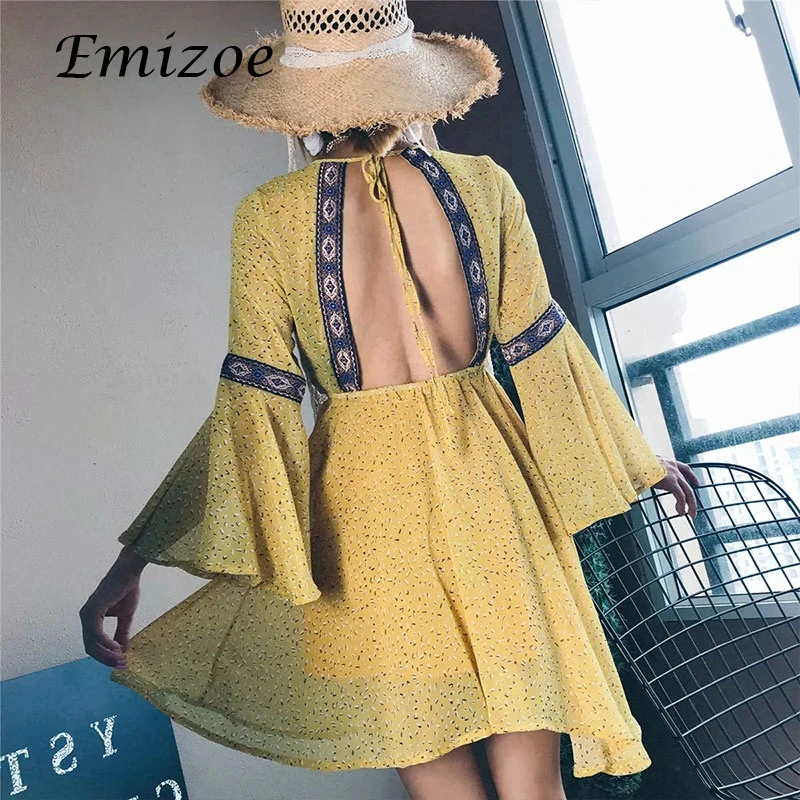 Emizoe Лето 2018 г. bohemain boho Платье с принтом для женщин лоскутное шифон рукава фонарики