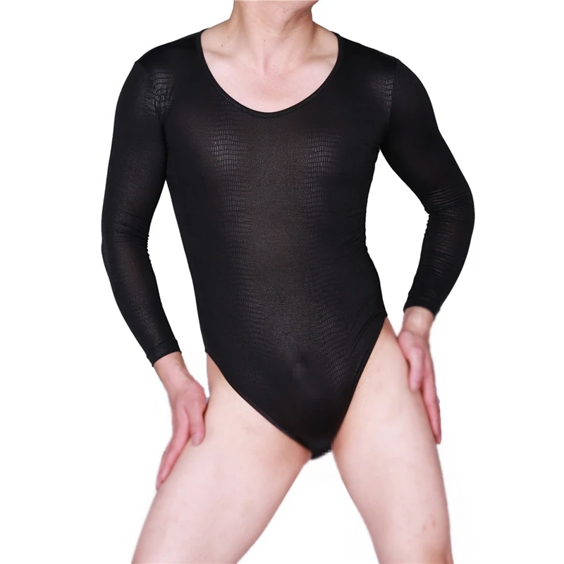 

Sexy Men Snake Print Top Skinny Bodysuit Long Sleeve High Stretchy See Through O Neck Body Wear Night Club