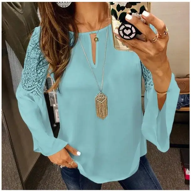5XL Женские шифоновые блузки кружево лоскутное с расклешенными рукавами Blusas