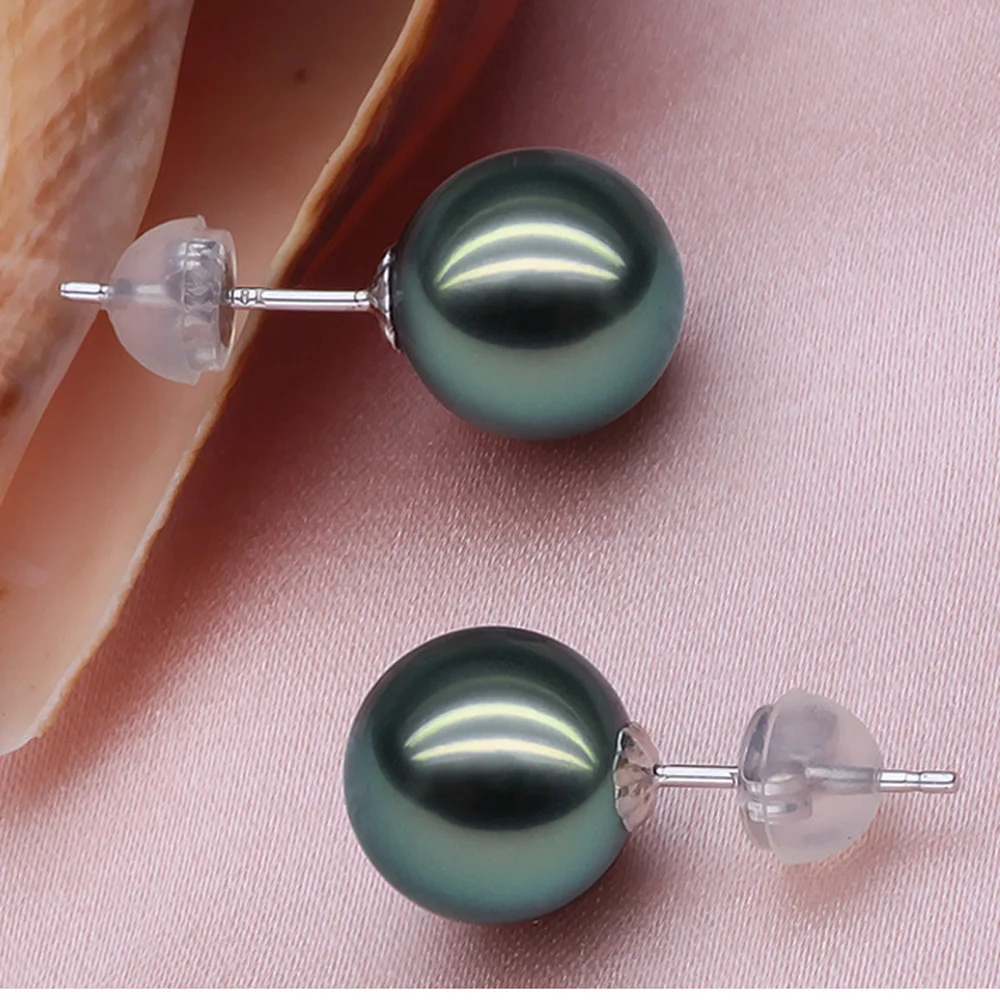 Серьги из белого золота диаметром 7 9 мм с черным жемчугом|malachite earring|malachite greenmalachite