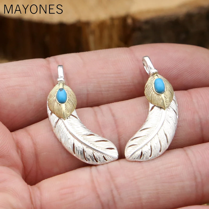 MAYONES Retro Thai Silver Vintage Feather Blue Turquoise Couple S925 Sterling Silver Men And Women Pendant
