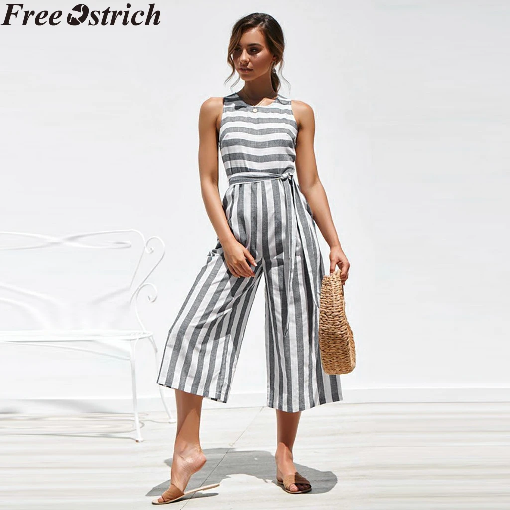 Women Summer Striped Wide Legs Jumpsuit Business Long Sleeveless High Waist Plus Size bodysuit Ladies V-neck Soft Casual Rompers | Женская