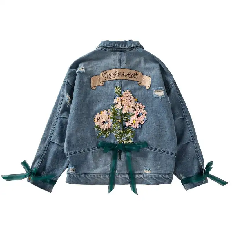 Женская джинсовая куртка с цветочной вышивкой летняя облегающая длинным рукавом