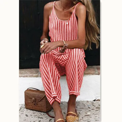 

Summer Women Casual Loose Striped Jumpsuits 2019 New Women Summer Sleeveless O-Neck Casual Stripe Jumpsuits
