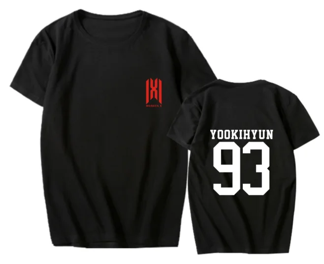 MONSTA X Футболка WE ARE HERE концерт мирового турне с коротким рукавом футболки мужские/женские летние повседневные японский веер концертная футболка - Цвет: black