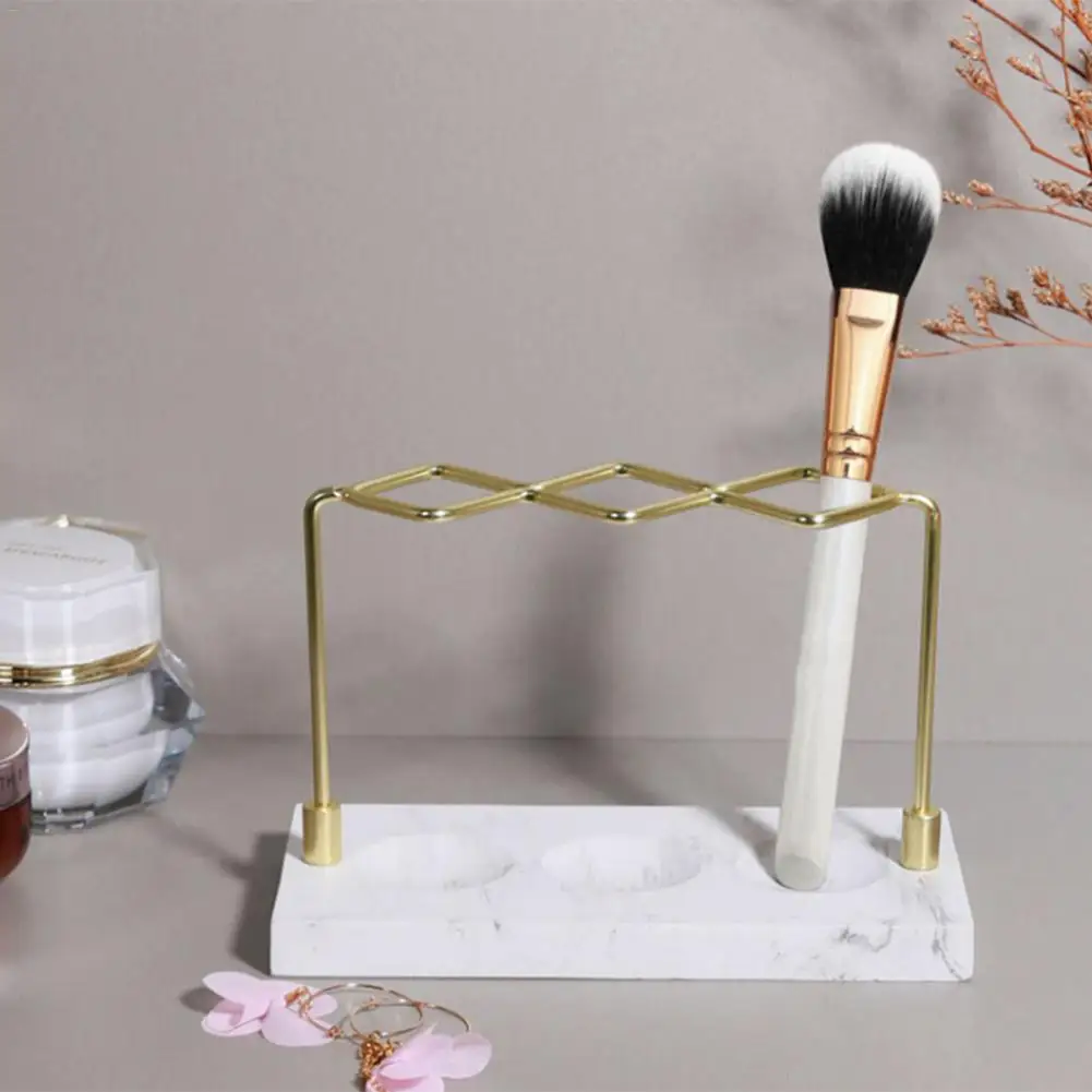 Resin Marble Base Metal Rack Toothbrush Holder Portable Makeup Brush Holder Compartment Storage Desk Organizer