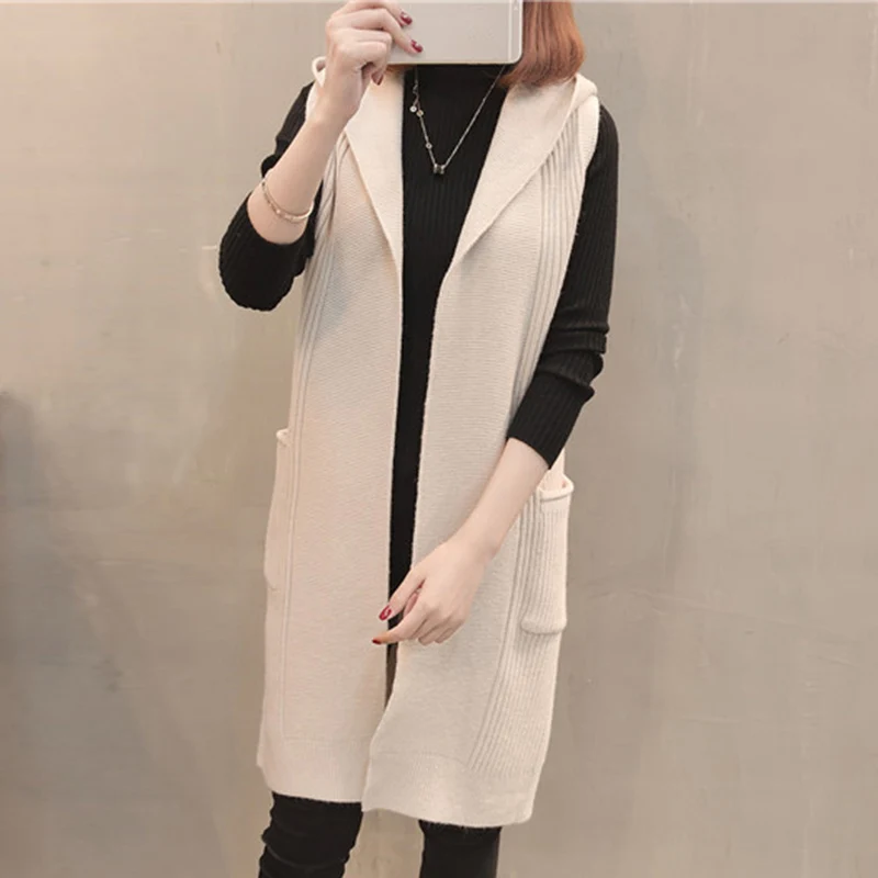

Женский длинный кардиган без рукавов, теплый Свободный вязаный кардиган с карманами, модная верхняя одежда на весну-осень
