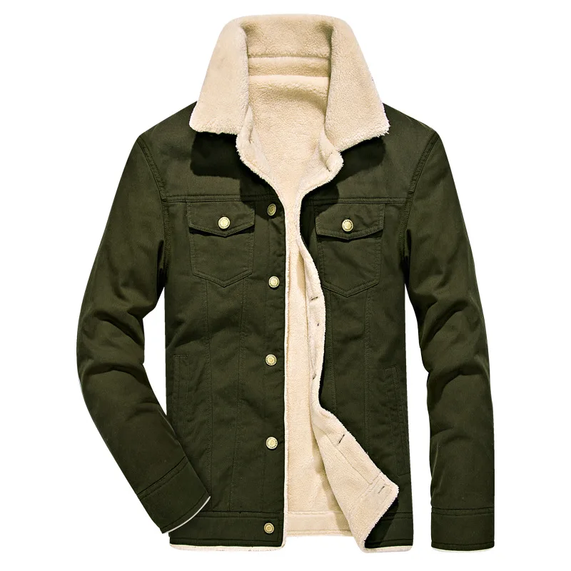 

Winter Jacket Men Casual 100% Cotton Thick Fleece Coat Outwear Pockets Solid Army Green Khaki Black Male Jackets Plus Size 4XL