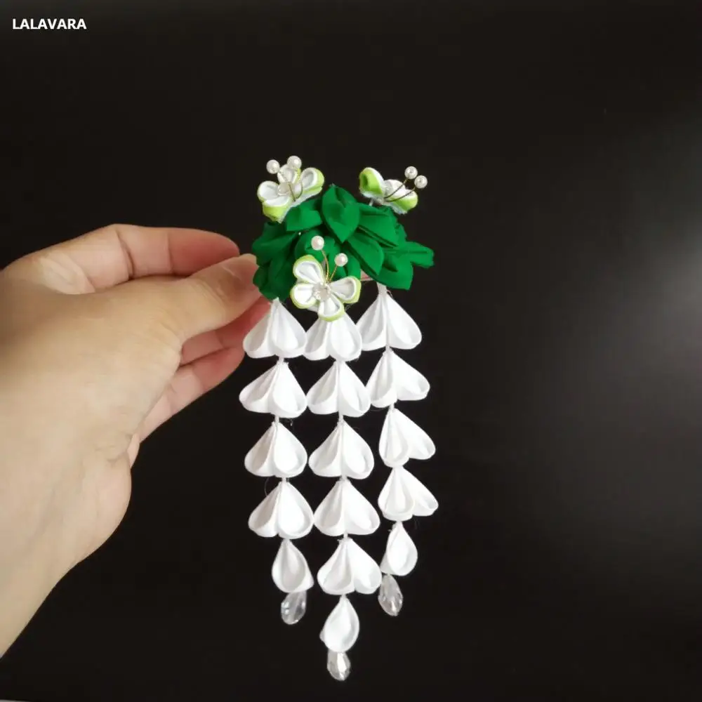 LALAVARA невесты wisteria кимоно Kanzashi заколки для волос фиолетовые желтые, розовые, белые зеленые цветы аксессуары для волос - Окраска металла: white