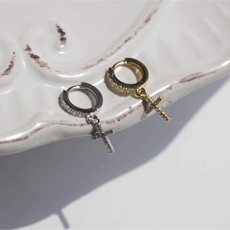 Серьги из стерлингового серебра 925 пробы, модные циркониевые кресты, Короткая подвеска, кольцо для ушей, милые дикие простые трендовые ювелирные изделия для девушек