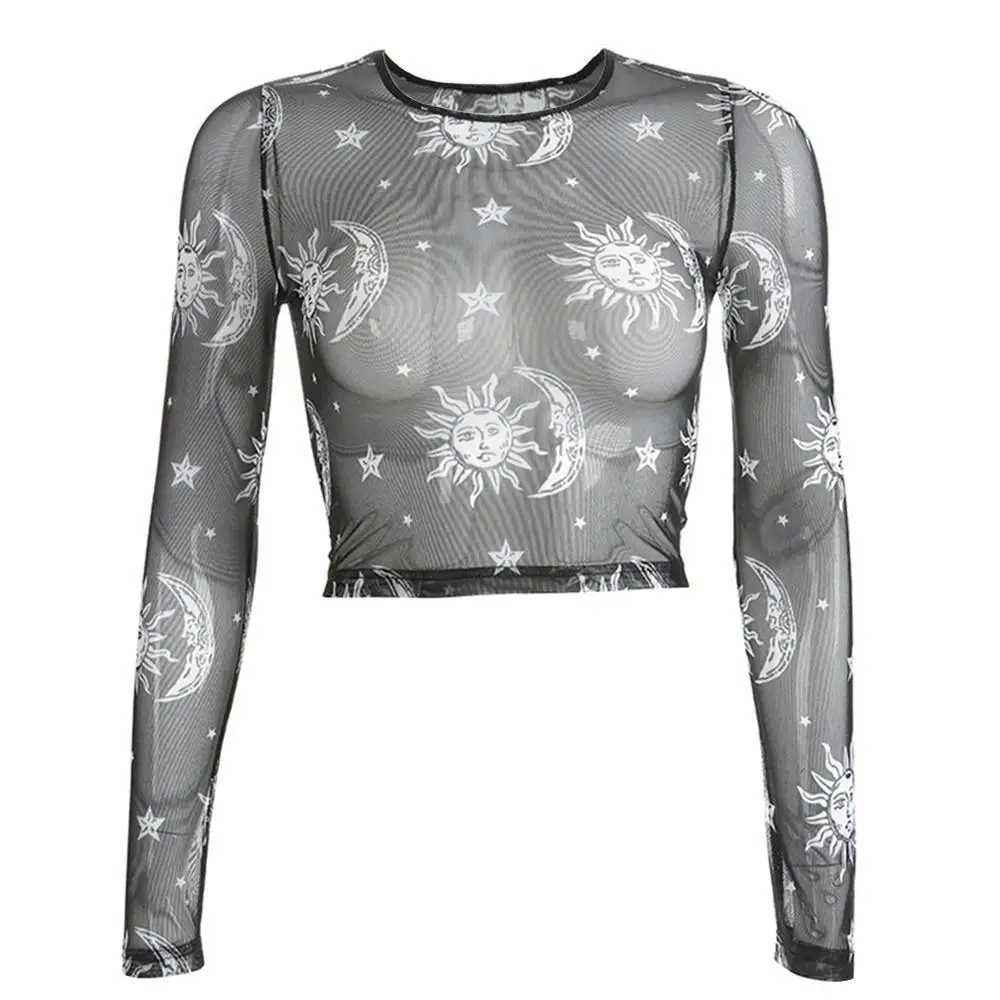 Transparent Shirt Blouse Women's Long Sleeve Works Moon Star Impression T-t-shirt Kamiseta Special Price | Женская одежда