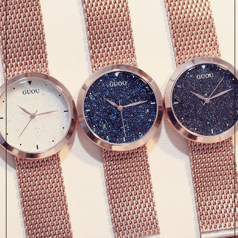 Женские часы с изображением звездного неба GUOU розовое золото |