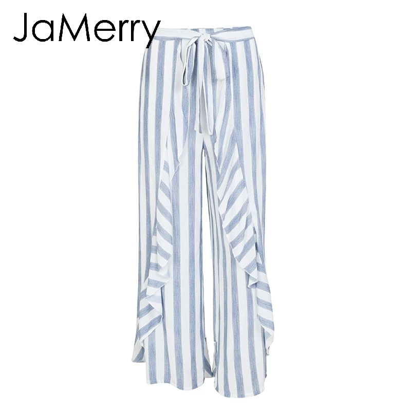 JaMerry Boho Сексуальная полоса широкие брюки для женщин Нижняя Sash ruffle штаны с