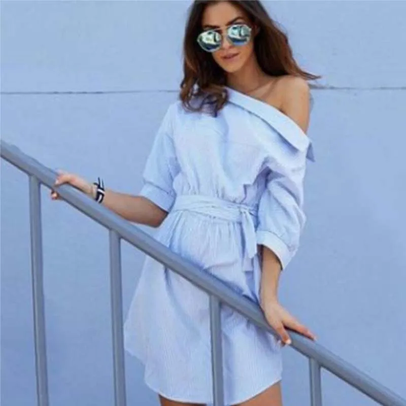 

Женское платье с разрезом по бокам, элегантное модное платье на одно плечо в синюю полоску