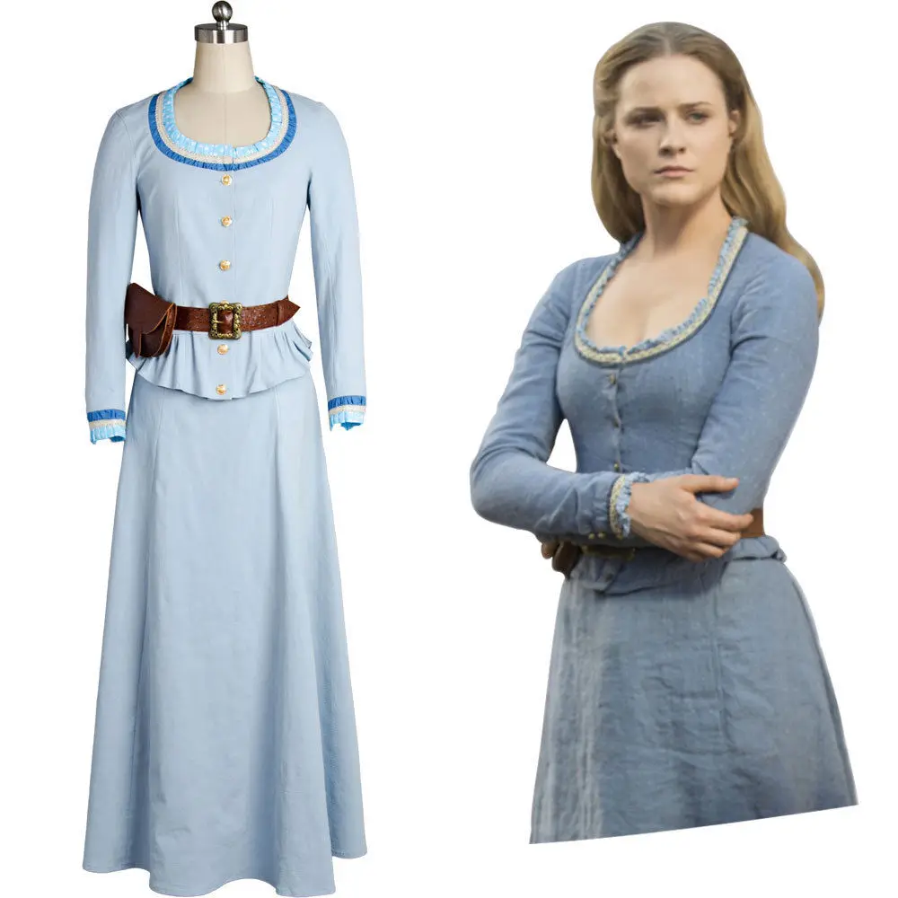 Westworld Cosplay Costume Dolores Abernathy Evan Rachel Wood Blue Dress Gown Halloween Carnival Women full set |