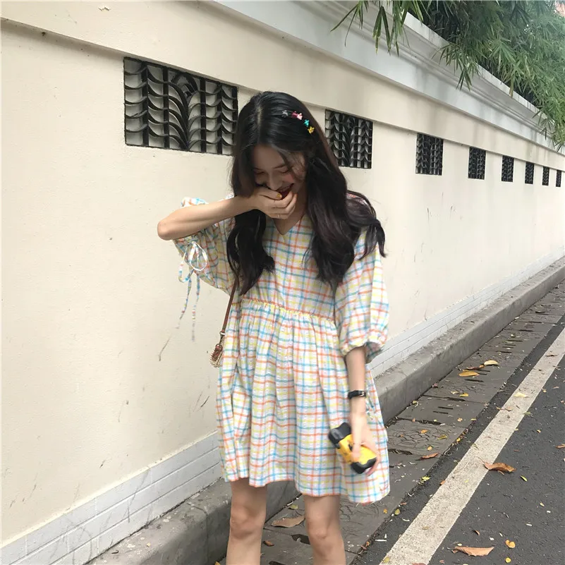 2 цвета летнее Мини платье 2019 корейский стиль красочные клетчатые платья с